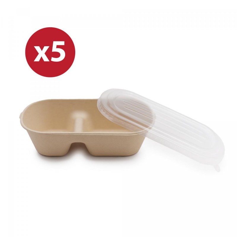 Food Hub - 可降解及入微波爐竹漿餐盒 | 五套裝 | 橢圓形2格 | 1000ml | Degradable and Microwavable Bamboo Paper Food Box With Lid | 5 Sets | Ellipse 2 Compartment | 1000ml